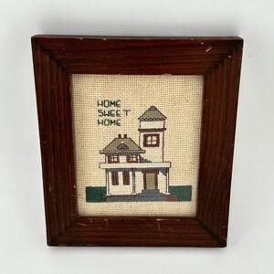 Vintage Home Sweet Home Cross Stitch Framed Needlepoint Wall Art Wood Frame